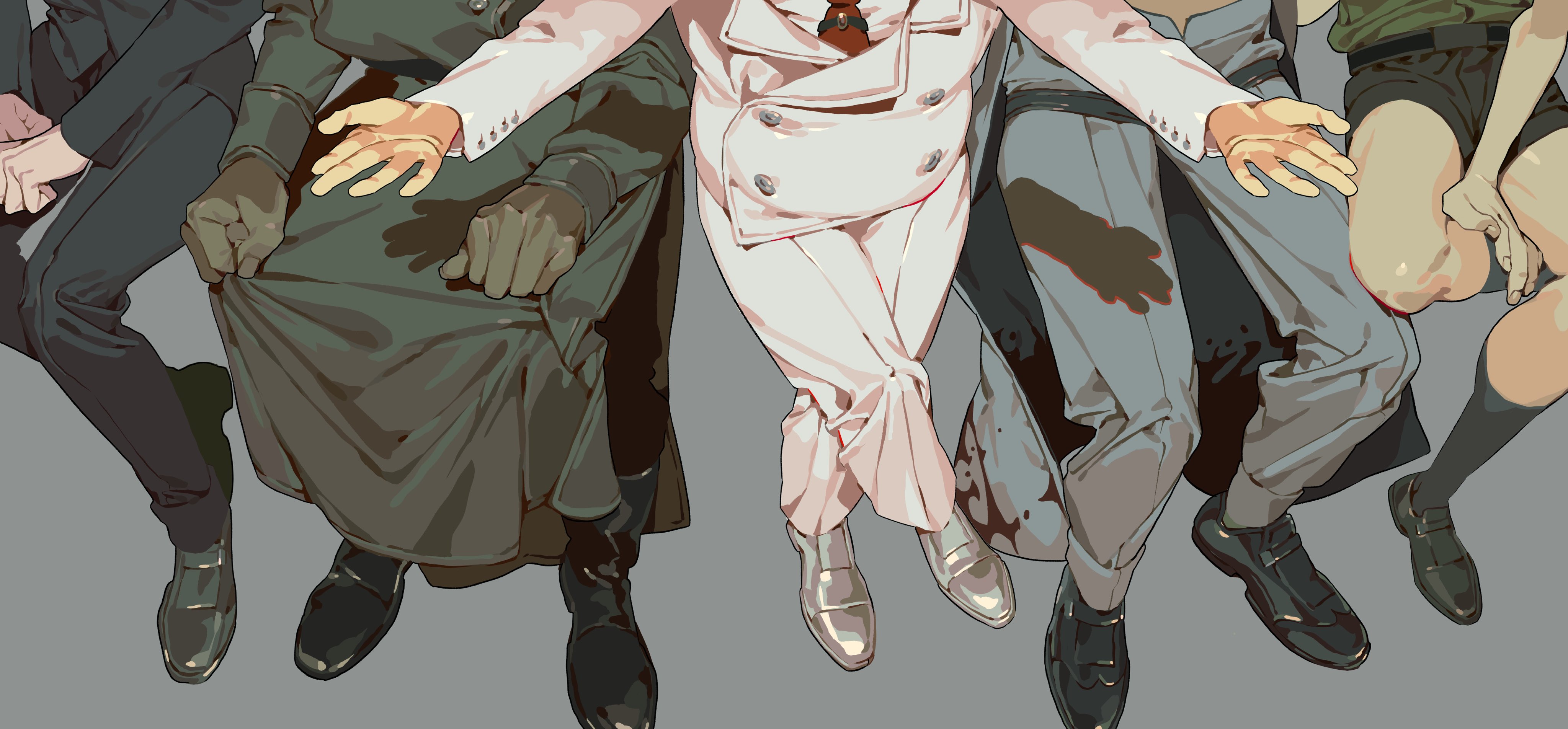this is a digitally created illustration in an anime style, featuring a seated group of people. the figures are mostly men, dressed in various formal attire including suits, military uniforms, and tailored trousers. their footwear consists of black and silver loafers. the hands of the individuals are visible, some gesturing openly. the overall style of the artwork is detailed and features a distinct color palette and shading style.