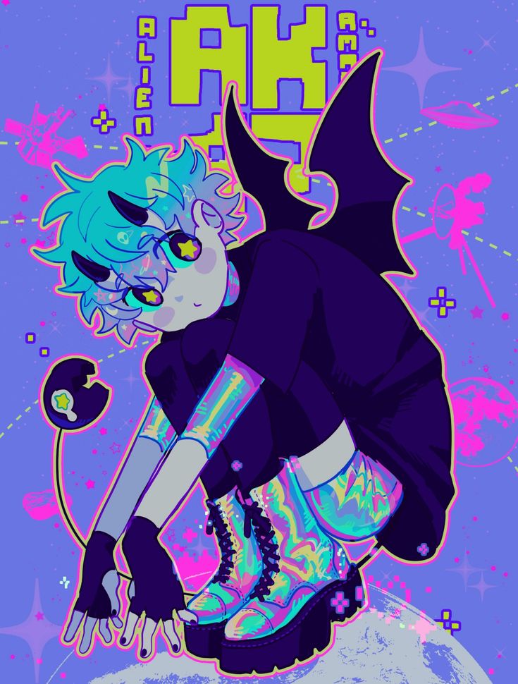 the image is of a cartoon boy with blue hair and a pair of demon wings. he is wearing a black shirt, iridescent pants, and iridescent boots. the background is space with stars and a galaxy, as well as planets and moons. the boy is sitting in a pose that suggests he is a little mischievous or rebellious. the image is done in a digital art style with neon colors, making it look very futuristic and cool.