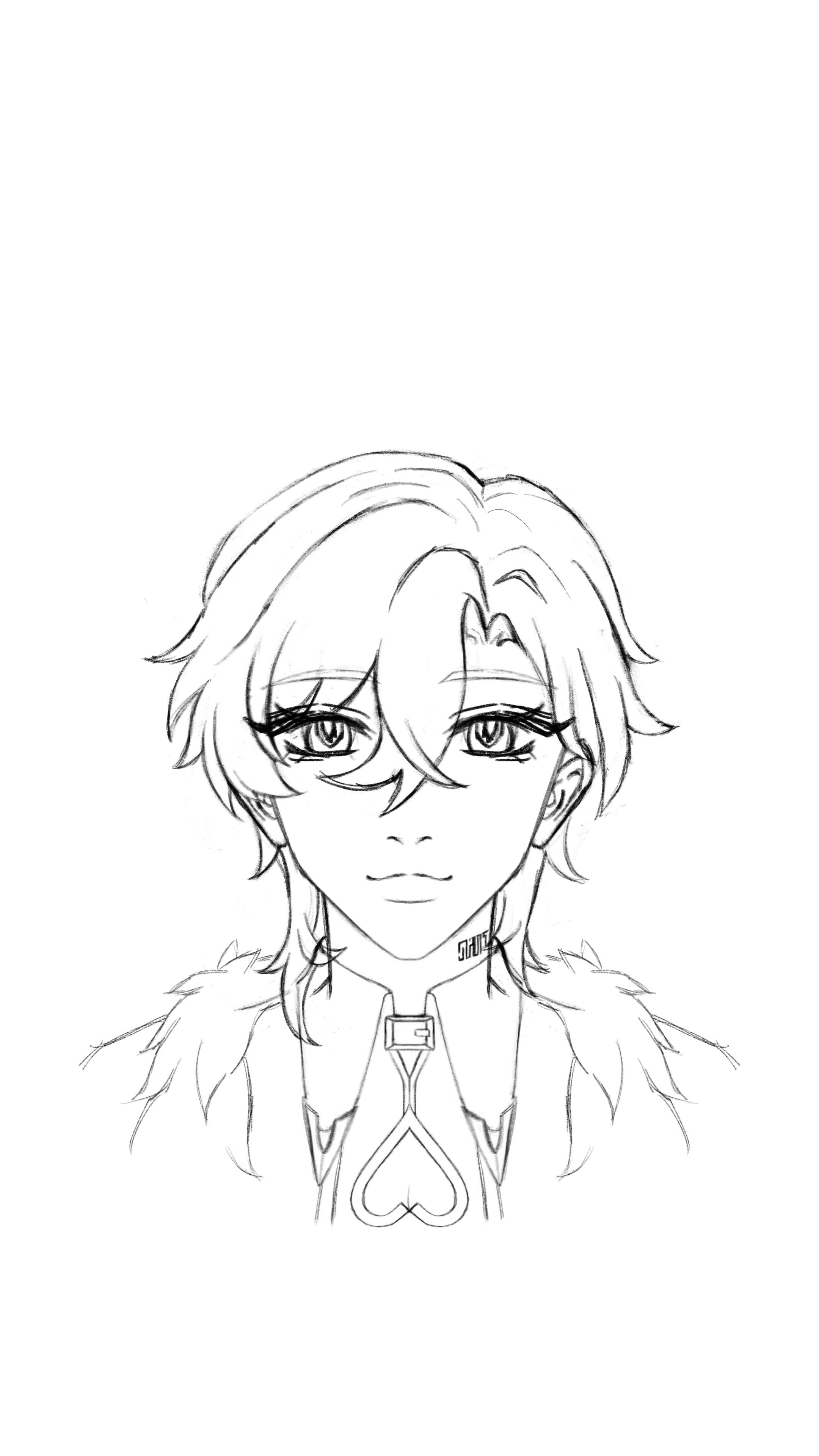 a black and white line drawing of a male character in anime style. the character has short, wavy hair, large eyelashes, and a gentle expression. he wears a garment with a fur collar and a design featuring a heart shape. the drawing is a portrait, focusing on the character's upper body and face.