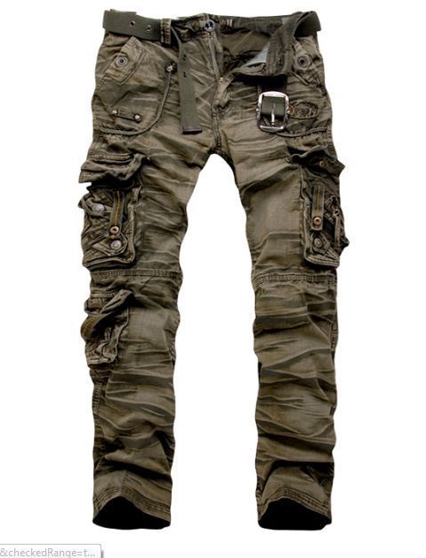 a pair of men's green cargo pants with multiple pockets and a zipper on the left leg. the pants are casual in style and would be appropriate for outdoor activities or streetwear. the fabric is a soft cotton blend. the pants are a versatile option for any casual wardrobe.