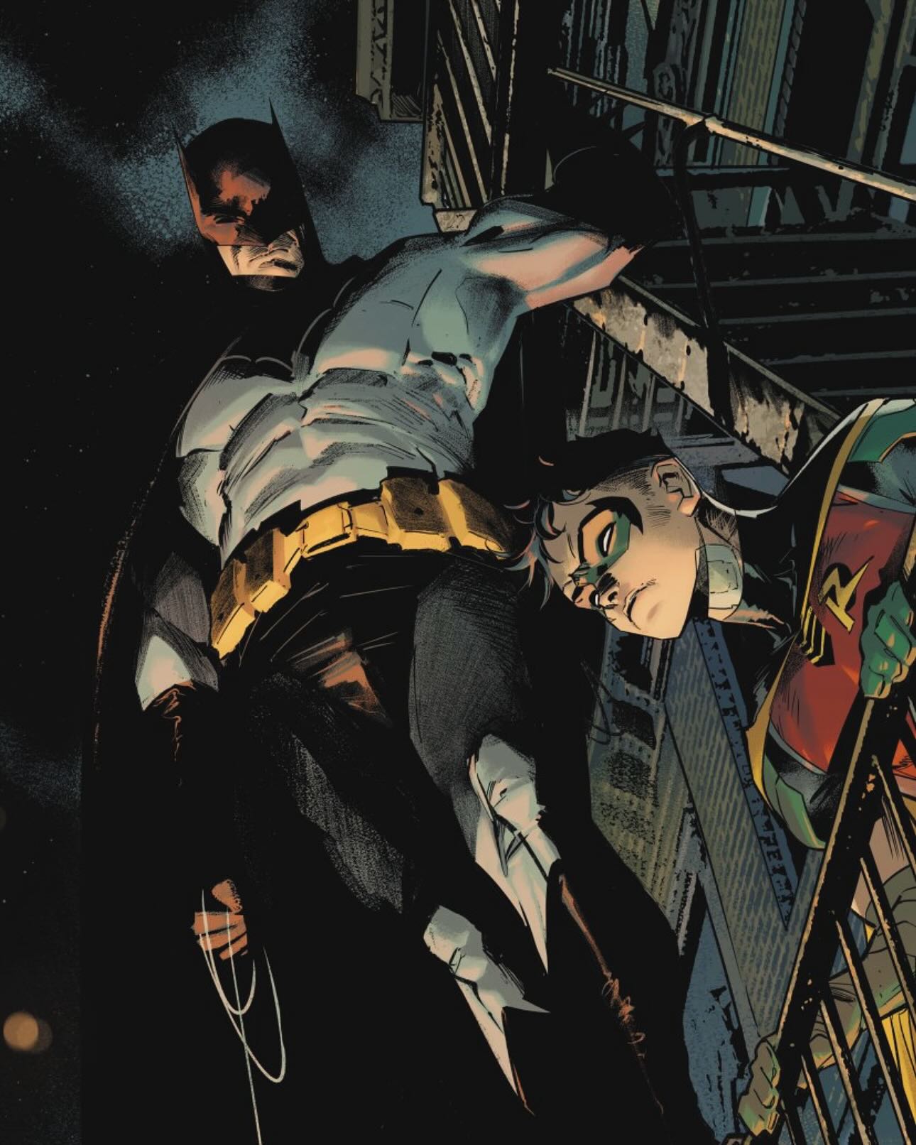 the image depicts batman and robin perched on a rooftop at night, overlooking a city. batman is in the foreground, with a dark cape and a determined expression, holding a grappling hook. robin is beside him, gazing down at the scene below. the artwork is reminiscent of a comic book style.