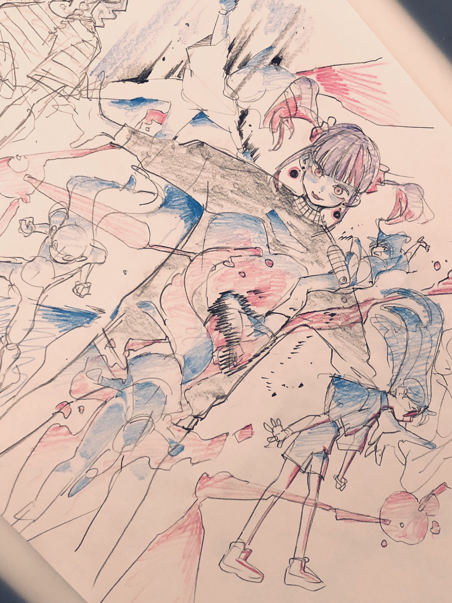 the image is a dynamic and energetic sketch featuring a group of stylized figures in various action poses. the central figure, a girl with purple hair and red accents in her clothing,  takes a dominant stance. the style is reminiscent of anime and manga, with exaggerated features and expressions. the background is abstract with splashes of color, enhancing the sense of movement and energy.  the overall impression is one of action,  chaos, and visual excitement.