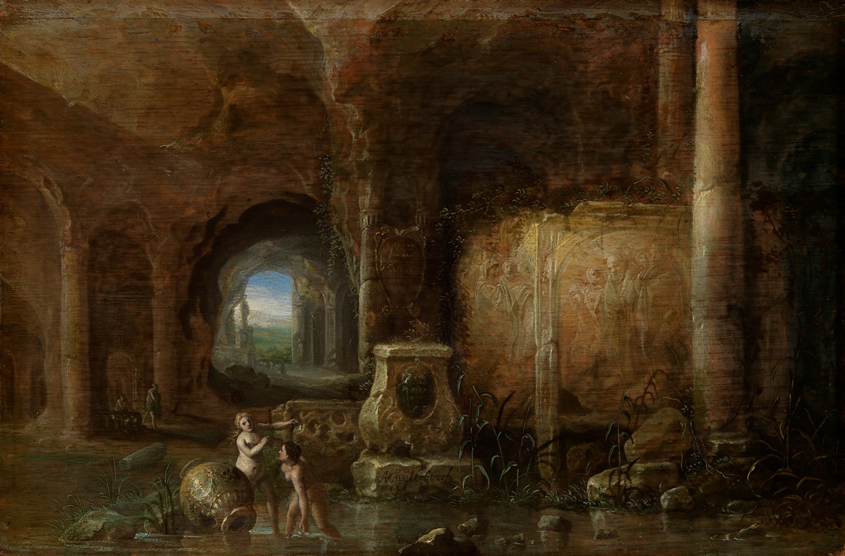 the painting depicts a scene within a cavern or grotto. there are classical columns and architectural ruins. two nude figures stand in the water in the foreground. an urn is placed next to them. in the background, a landscape is visible through an opening in the cavern. another figure is seen in the distance on the left. the overall atmosphere is dark and mysterious.