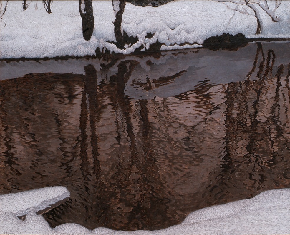 the image is a painting depicting a river in winter. snow covers the banks on either side of the river. bare trees are visible, with their reflections appearing in the water. the water's surface is rippled, distorting the reflections. the scene has a subdued color palette, with whites and browns dominating. the painting captures the serene and cold atmosphere of a winter landscape.