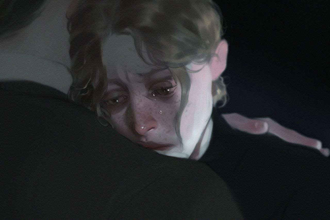 a young person with short blonde hair, their face streaked with tears, is being comforted in a hug.  only their face and the shoulder of the person they are hugging are visible. the background is dark and undefined, focusing the attention on the raw emotion of the moment. the lighting is soft and highlights the tear tracks on their face, further emphasizing their sadness.