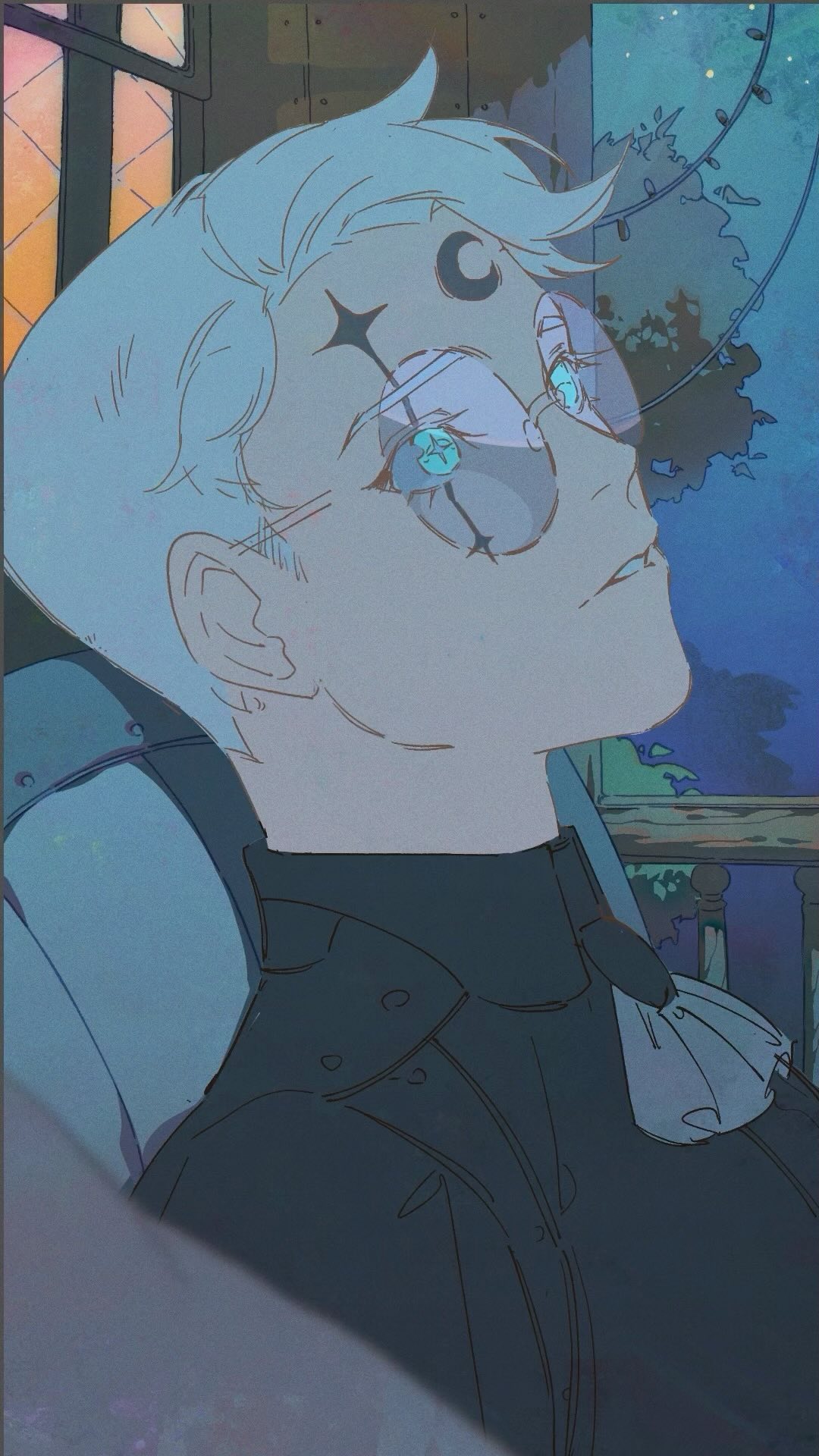 the image is a digital drawing or painting of an animestyle female character. she has short, light blue or white hair, and is wearing glasses with teal lenses. she has small, starshaped and crescent moonshaped tattoos on her face. she’s wearing a dark jacket and is looking up, appearing thoughtful or pensive. the background is a nighttime cityscape with a window and plants visible. the overall style is soft and dreamy, with a pastel color palette.