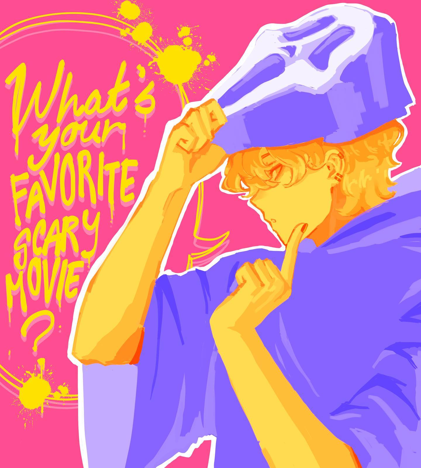 a digital illustration of a character from the movie "scream" in a pink and yellow color scheme with the text "what's your favorite scary movie?"