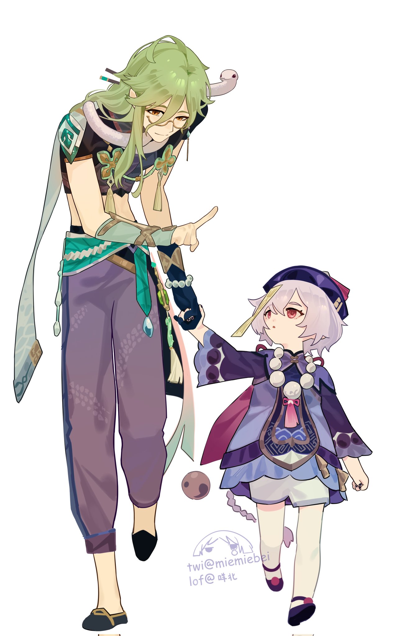 the illustration shows a male character in a green outfit holding a snake and walking with a female character. the male character is tall and has green hair, while the female character is short and has white hair. they are both smiling and holding hands. the image is drawn in a colorful anime style.