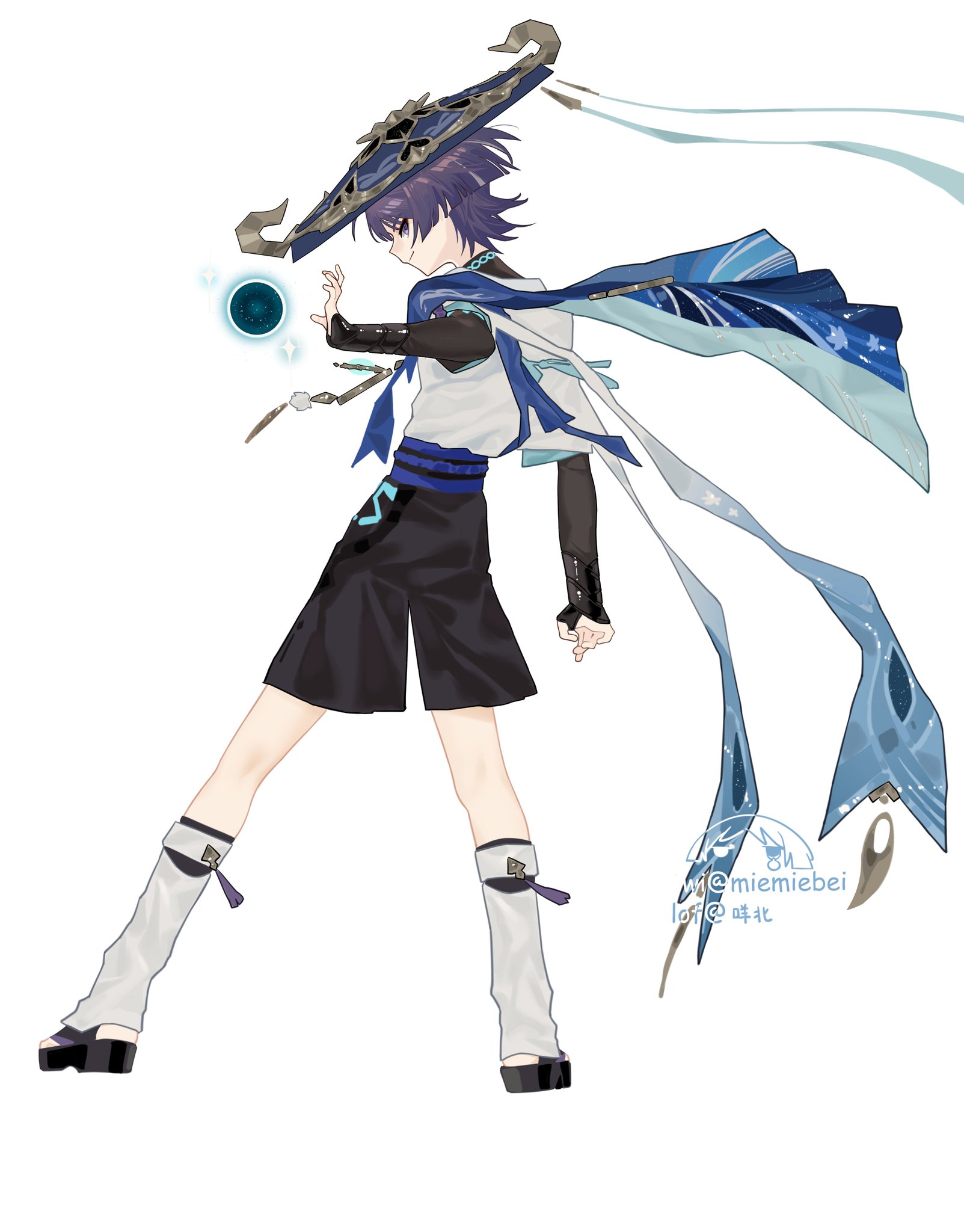 an animestyle illustration of a young male character in a blue and white outfit, holding a sword in one hand and a blue orb in the other. he is wearing a large, widebrimmed hat and has purple hair.