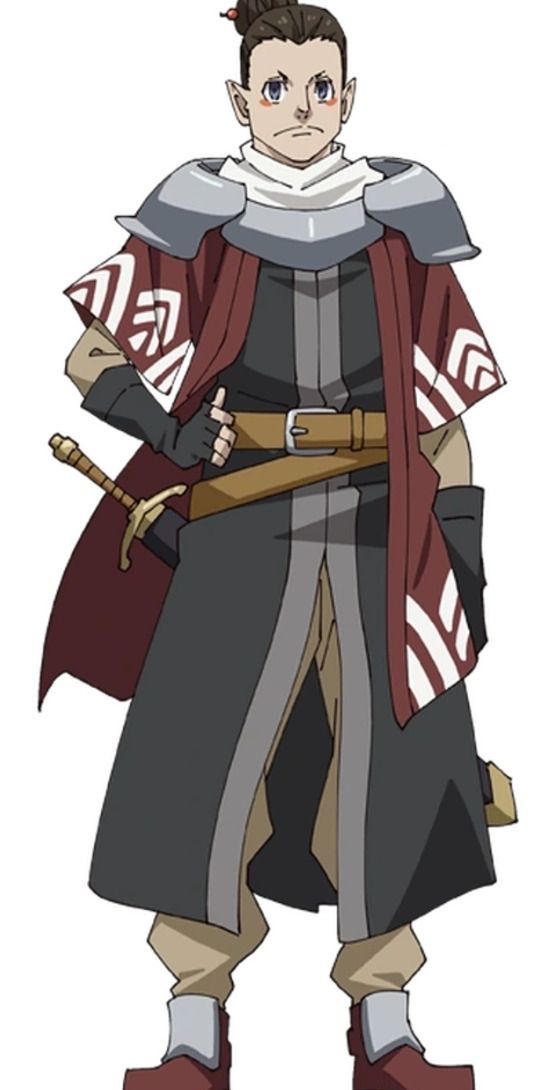 this image is an anime character illustration depicting a man with brown hair, dark eyes, and pointy ears standing and holding a sword. he is wearing a red, white, black, and grey long coat with long sleeves, a belt, and boots. he has a serious expression.