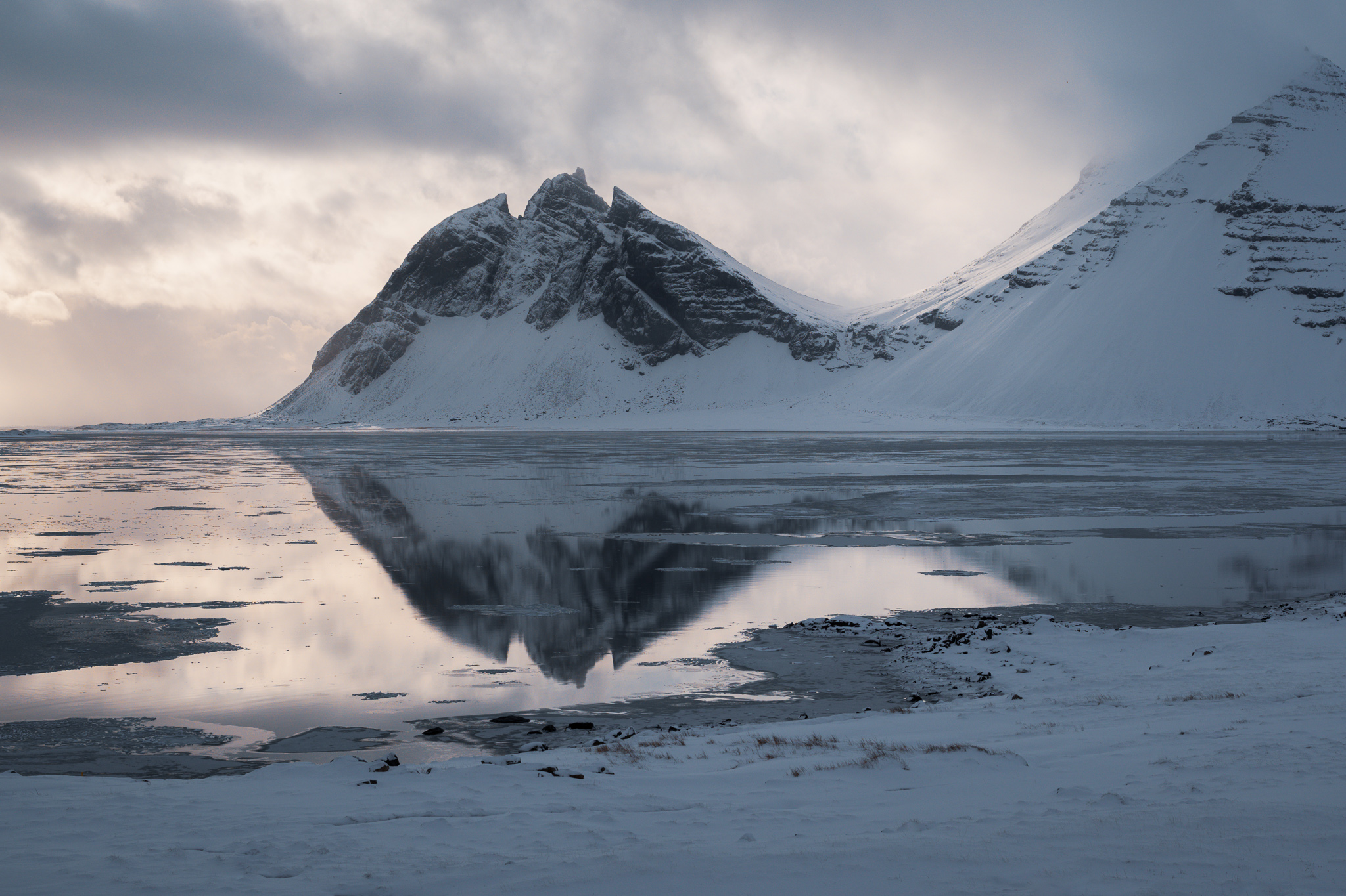 a panoramic view of snowcapped mountains reflected in a frozen lake. the sky is cloudy with the sun just starting to rise or set, casting a soft light on the scene. the water is calm and serene, and the mountains are majestic and dramatic. the image is peaceful and beautiful, and captures the stark beauty of a winter landscape.