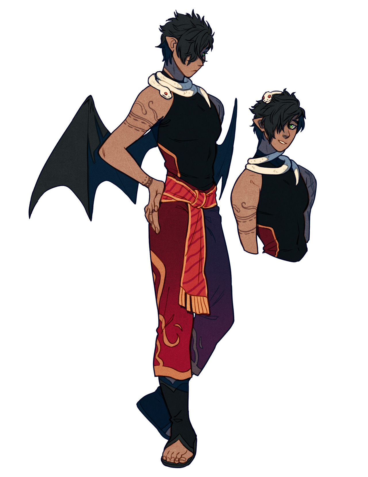 a digital illustration showcasing the design of a male demon character. he has dark skin, black hair with one side covering his eye,  batlike wings, small horns,  and wears a black and red sleeveless top with a red sash. he also wears baggy purple pants and sandals, and a white snake is wrapped around his neck. a small bust showing an alternate view of his head is positioned to the right of the main figure.  the image has a white background.