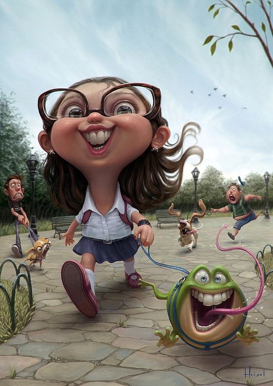 a cartoon illustration shows a girl with exaggerated features wearing large glasses and a school uniform, walking a frog pet on a leash in a park. the frog has a wide, toothy grin and a long, pink tongue. behind her, a man is walking a small, snarling dog on a leash, looking displeased. in the background, another child is running and shouting, chased by a dog. the scene is set in a park with trees, benches, and lampposts along a stone sidewalk. the sky is visible with a few birds flying. the artwork is signed "heisel".