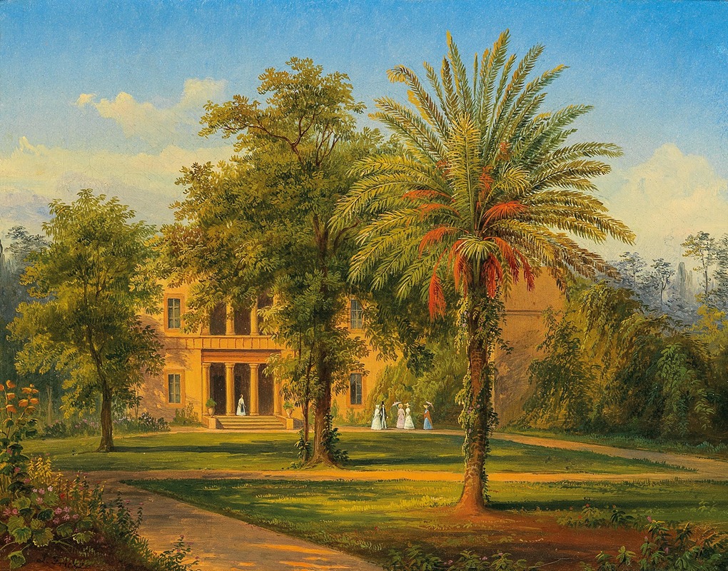 the image is a painting of a landscape with a large house in the background. in the foreground, there is a palm tree and several other trees, as well as a lawn. a path leads towards the house, and there are some flowers in a garden on the left side. several women in dresses are seen walking on the lawn. the sky is blue with some clouds.
