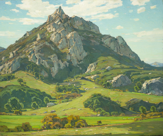 the painting depicts a large, rocky mountain surrounded by green fields and scattered trees under a sky with light clouds. the mountain dominates the scene, with its jagged peak and rough rock formations. the lower areas are covered in green grass, trees, and some rocky outcrops. the overall impression is of a vibrant, natural landscape.