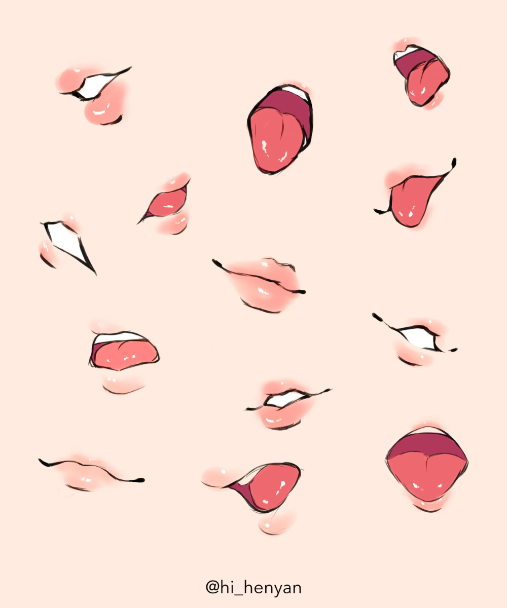 the image is a drawing reference sheet depicting various ways to draw anime style mouths. there are 12 different mouths shown in different positions.