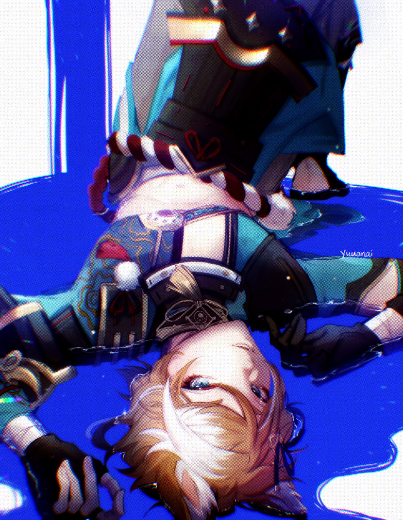 an anime character is floating upside down in blue water. they have long blonde and white hair and blue eyes. the character is wearing stylish clothing and accessories. the image is digital art and is very colorful and beautiful.