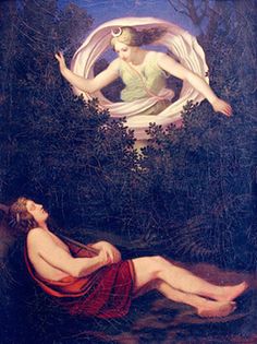 this is a painting of the myth of selene and endymion. the painting shows the goddess selene, personified as the moon, descending to earth to be with her beloved endymion, a shepherd who is eternally young and asleep. selene is depicted within a swirling crescent moon, her ethereal white gown flowing around her. her gaze is fixed on endymion, who lies asleep in the foreground. endymion is depicted as a young man, naked except for a red drapery that covers his lower body. the scene is set in a dark forest, illuminated only by the moonlight.