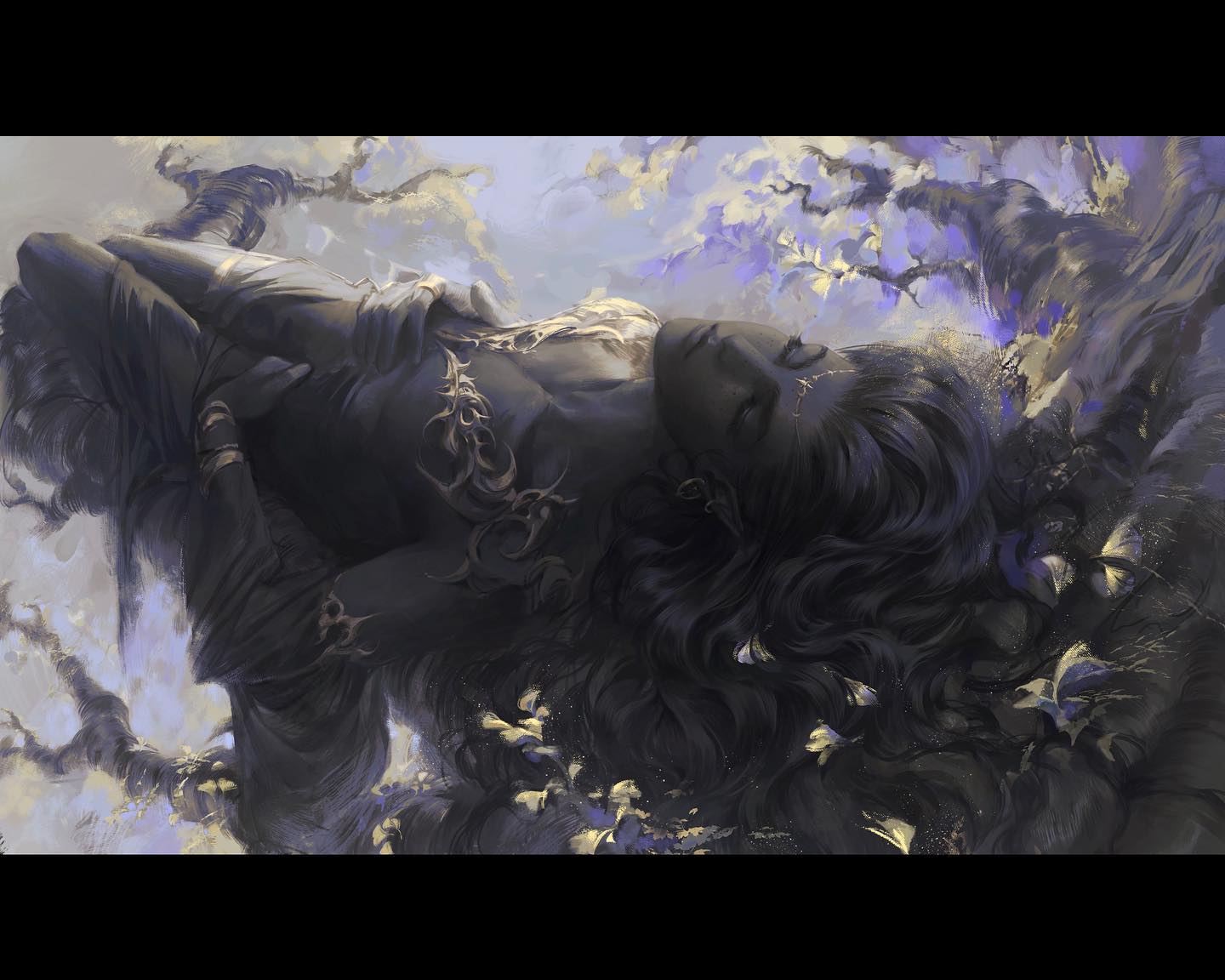 the image portrays a darkskinned elf male with long, flowing black hair adorned with intricate jewelry. he lies serenely on a bed of blossoming branches, seemingly asleep or lost in thought. his attire is dark and formfitting, hinting at a warrior's garb. the surrounding environment is a mystical forest, rendered in shades of blue and purple, with delicate blossoms and branches creating a sense of ethereal beauty and tranquility. the lighting is soft and diffused, further enhancing the dreamlike atmosphere.