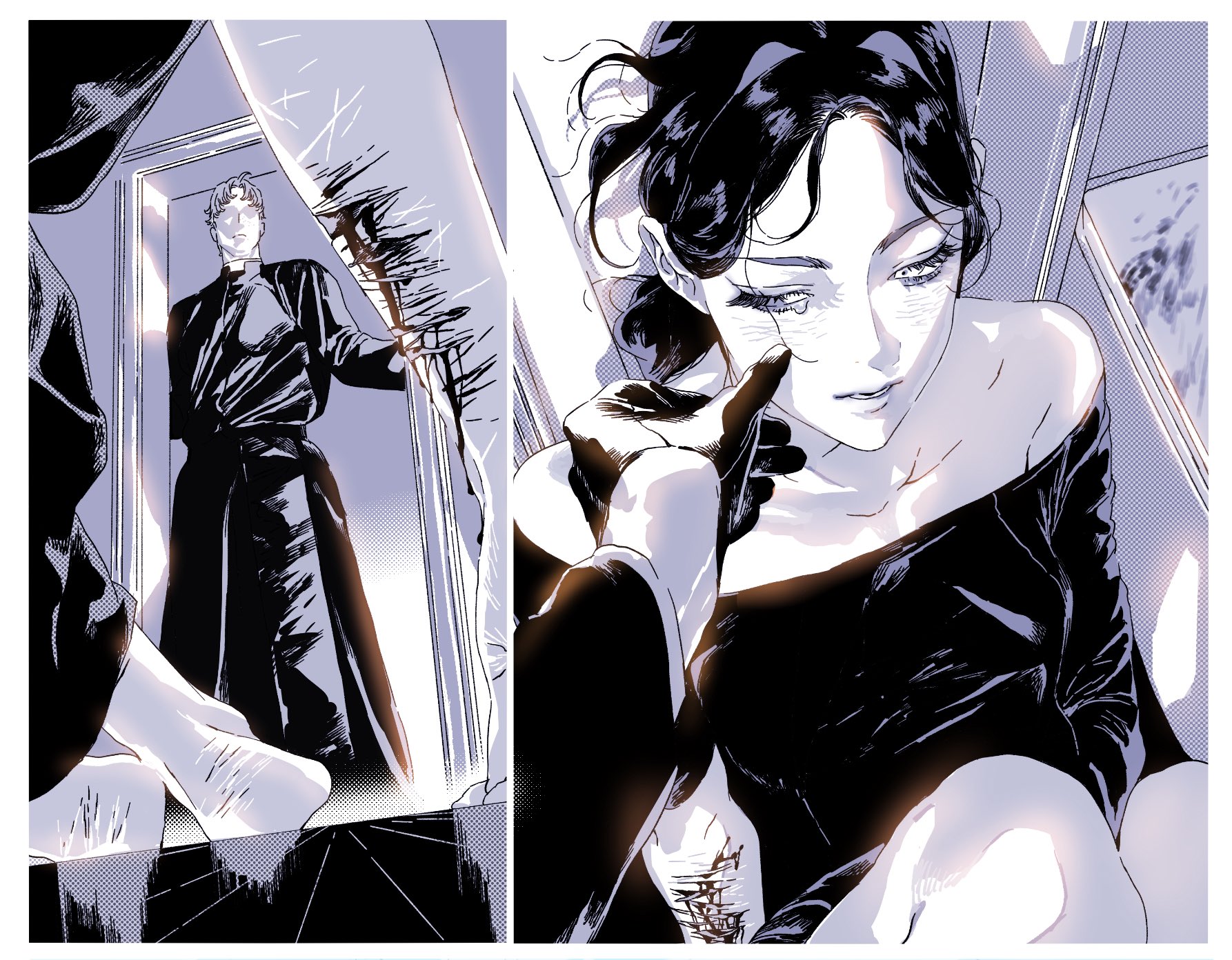 the image is a comic art panel depicting a melancholic scene. on the right, a woman in a black offshoulder dress sits with a gloved hand touching her face, seemingly wiping away a tear. on the left, a mirror reflects a man in a priest's robe standing near a doorway with blood smeared on the curtain or door frame. the scene evokes a sense of darkness, mystery, and perhaps sorrow.