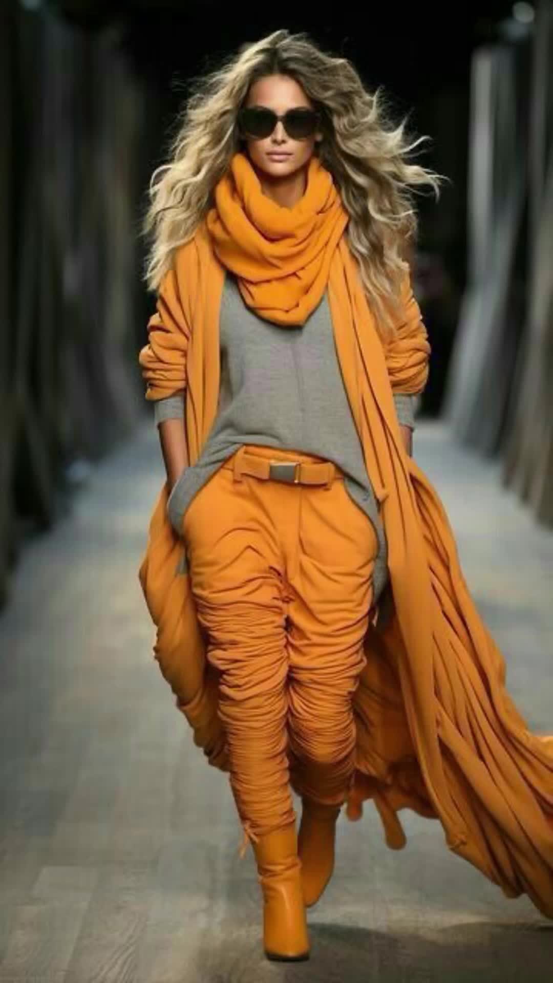 a fashion model walks down a runway, wearing an orange outfit.  she has long, wavy blonde hair, sunglasses, a scarf, and a coat.  her pants are baggy and loose, and her boots are brown.