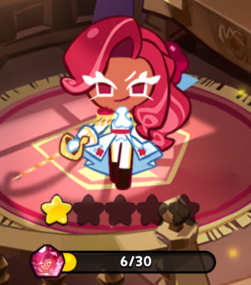 the image shows raspberry cookie from the mobile game cookie run: kingdom. the character is standing on a stage. there are stars indicating a rating or level. the character has a costume and is holding a sword.