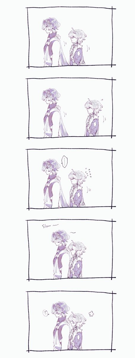 the image is a series of six panels depicting a progression of a romantic interaction between two animestyle boys. the boys are drawn in a soft, pastel purple color scheme. the style is gentle and cute, with chibilike features.  the panels show the boys getting closer to each other, starting with some distance and gradually moving to a closer embrace.  the word "slow" appears in one panel, indicating the gradual nature of their interaction. the overall mood is sweet, romantic, and tender.
