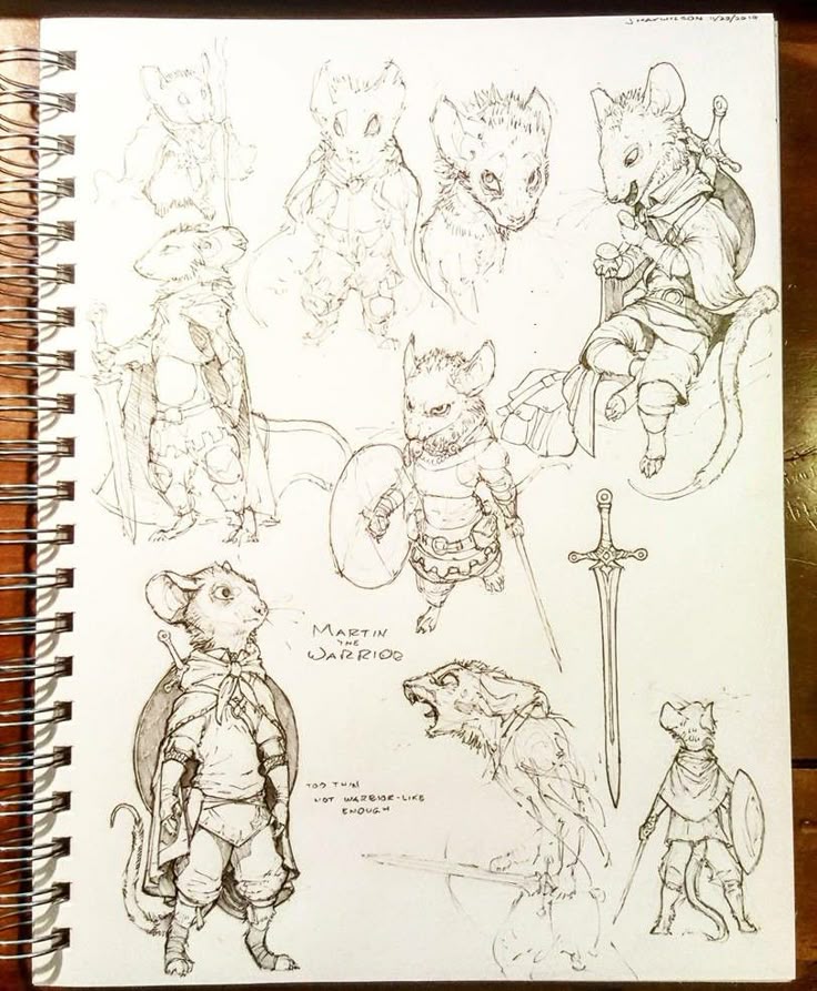 a sketchbook page filled with pencil sketches of anthropomorphic mice warriors. the sketches vary in detail and pose, showing different armor designs, weapons, and character concepts. there is a central character labeled "martin the warrior." the overall style suggests a fantasy theme.
