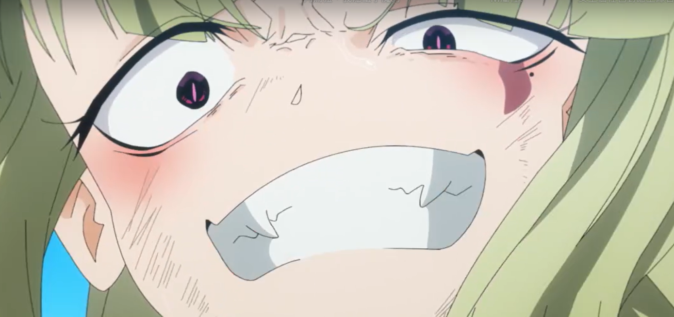 a closeup illustration of an anime girl with short greenishyellow hair. she has an aggressive expression, baring her teeth which appear pointed and sharp like fangs. her eyes are wide with red pupils, and there's a red mark or scratch under her right eye. her cheeks are flushed, and there are lines on her face indicating intense emotion. the background is a bright blue sky.