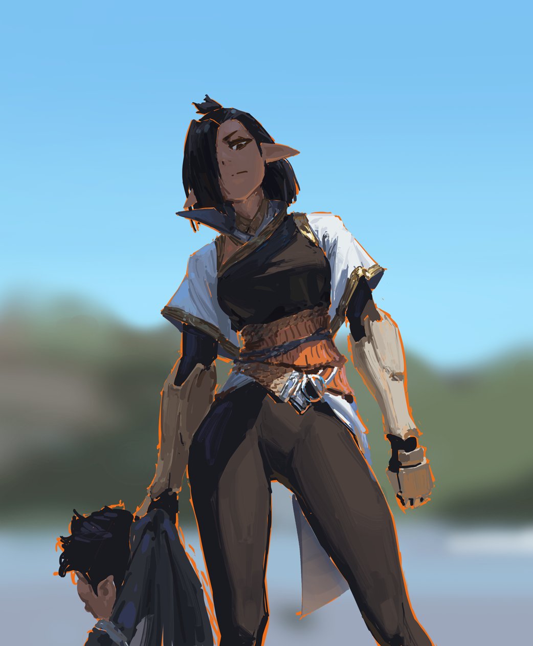 the image is a digital painting depicting a female elf warrior. she has dark skin and short, dark hair, pointed ears, and is wearing a combination of dark clothing and light, flowing garments. her outfit includes dark leggings, a dark top, an orangebrown belt, and lightcolored outer clothing pieces. she appears to be wearing armor on her arms and hands. the elf has a serious or stoic expression on her face.  she is standing outdoors in a sunny setting with a blurred background suggesting a natural landscape.  she appears to be carrying or supporting a smaller, partially obscured figure behind her, possibly a child or companion. the overall style is painterly and somewhat loose, with visible brushstrokes. the color palette is warm, with earthy tones predominating.