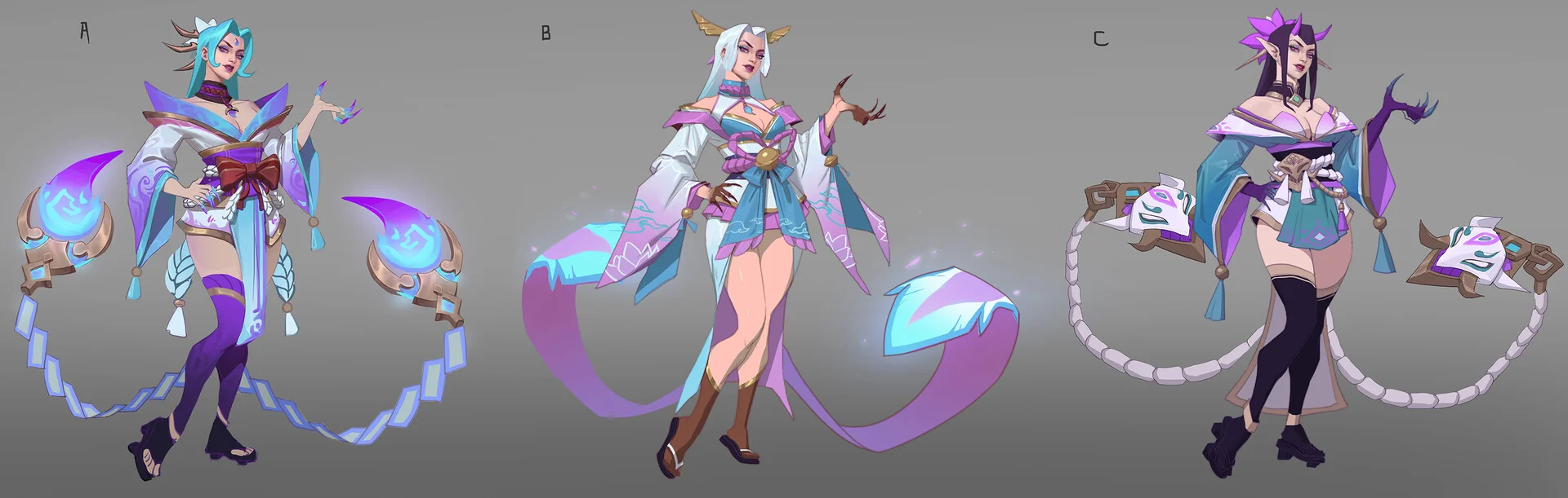 the image shows three concept art variations for a league of legends ahri skin, likely from the spirit blossom event. each variation features ahri in a different interpretation of a kimonostyle outfit with unique color schemes (predominantly purples and blues), and distinct weapon designs with glowing effects.  the designs show different expressions, hair styles, and accessories, offering a range of aesthetic options for the final skin.  the art style is animeinfluenced, and each variation is labeled with a letter (a, b, c).