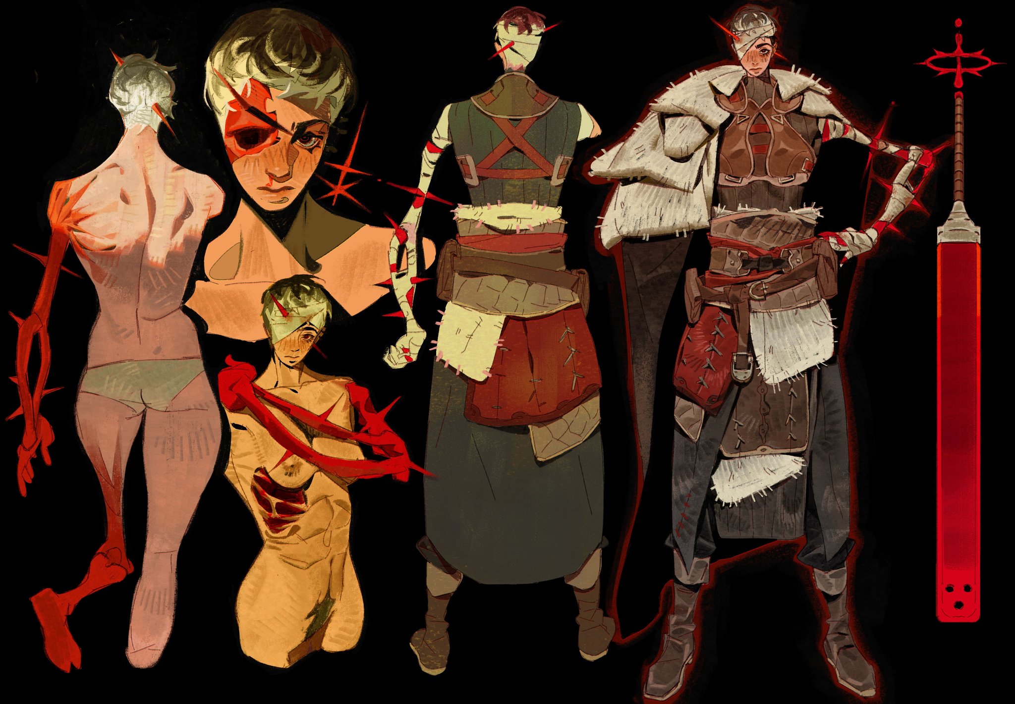 the image is a digital painting or illustration showcasing several variations and views of a fantasy character.  the central figure is a female warrior, depicted in both front and back views, wearing tattered clothing and armor, suggesting a battleworn aesthetic.  she has bandages on her head and arms. a large, red sword is prominently featured to the right. other elements in the image include studies of the character's body, showcasing wounds and scars, possibly representing the character's injuries or a transformation process.  the art style is dark and gritty, using a limited but impactful color palette.  the overall composition suggests concept art for a game, novel, or similar project.