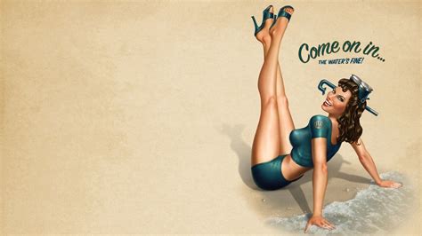 the image is a stylized pinup illustration of a woman in a teal swimsuit. she's positioned with her legs elegantly arched in the air, wearing high heels and scuba goggles.  a diving snorkel is partially visible behind her. the background is a muted beige, reminiscent of vintage postcards or posters. text overlayed reads "come on in... the water's fine!" the overall style is evocative of mid20thcentury american pinup art, suggesting a carefree, summery feel.  she appears to be emerging from or lying on a beach with a gentle wave at her feet.