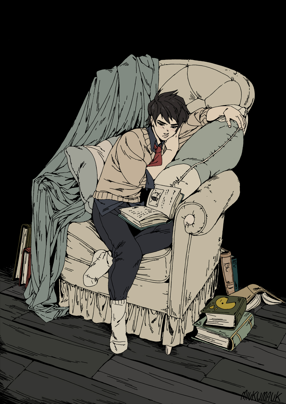 a young man with black hair and blue eyes, sits in a cozy armchair, wearing a white sweater, beige pants, and red tie. he's reading a book,  while looking sleepy, he is surrounded by pillows, blankets, and stacks of books on the floor next to him. the lighting is soft and the atmosphere is calm.
