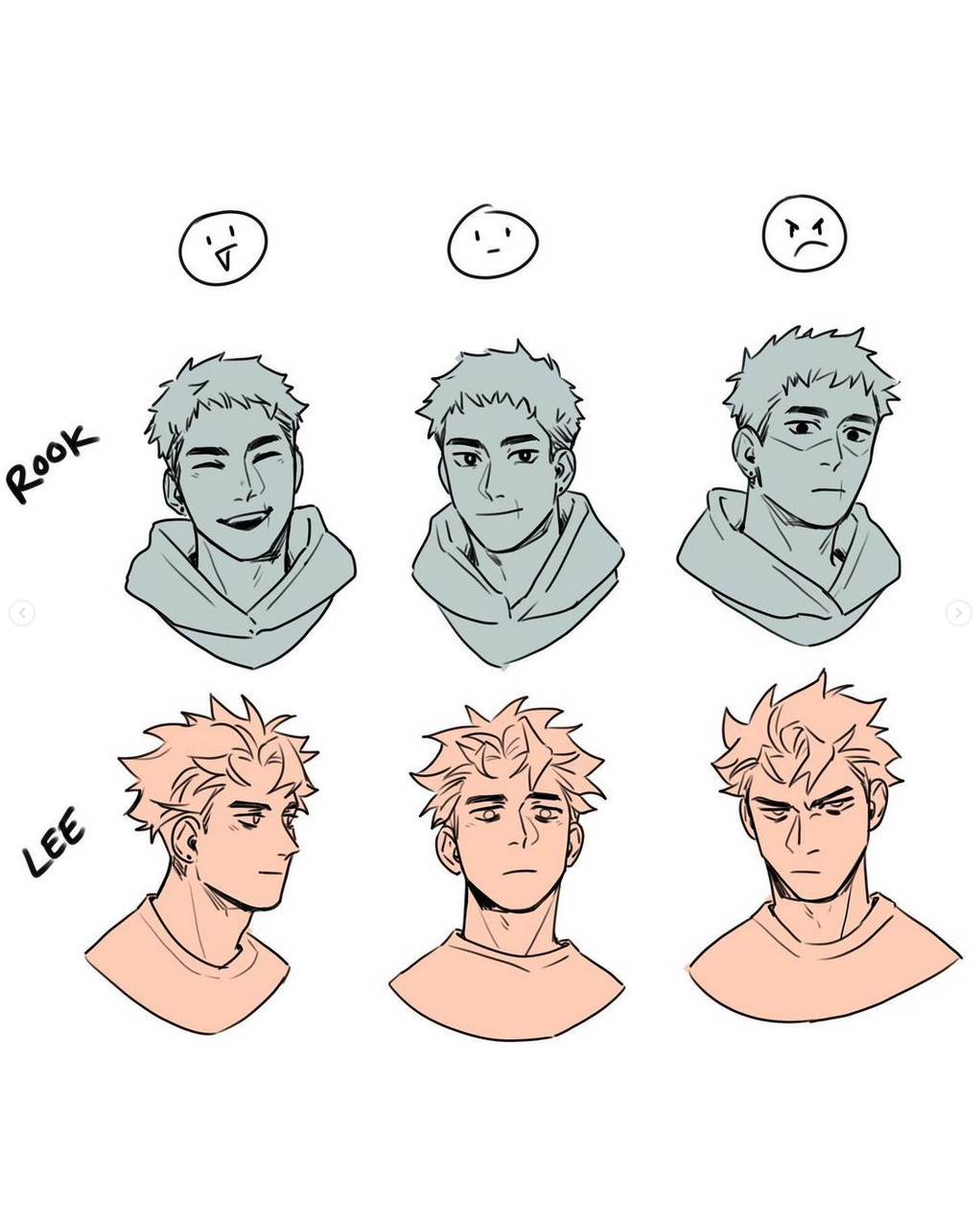 the image shows a character design sheet for two characters named rook and lee.  each character has three different facial expressions: happy, neutral, and angry. the characters are drawn in a stylized, cartoonish way with exaggerated features. rook has short, dark hair and lee has short, light hair. both characters are wearing casual clothing.
