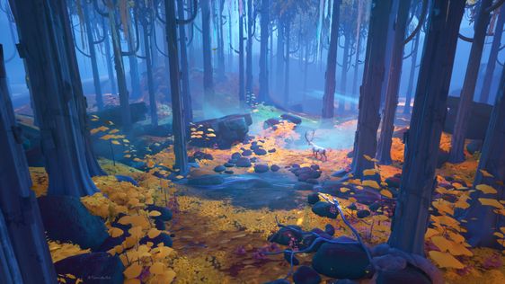 a stylized forest scene with a stream running through it. the scene is bathed in blue twilight tones, with the ground and some trees illuminated by warm, golden light. two deer stand in the middle ground, drinking from the stream. the overall atmosphere is magical and serene.