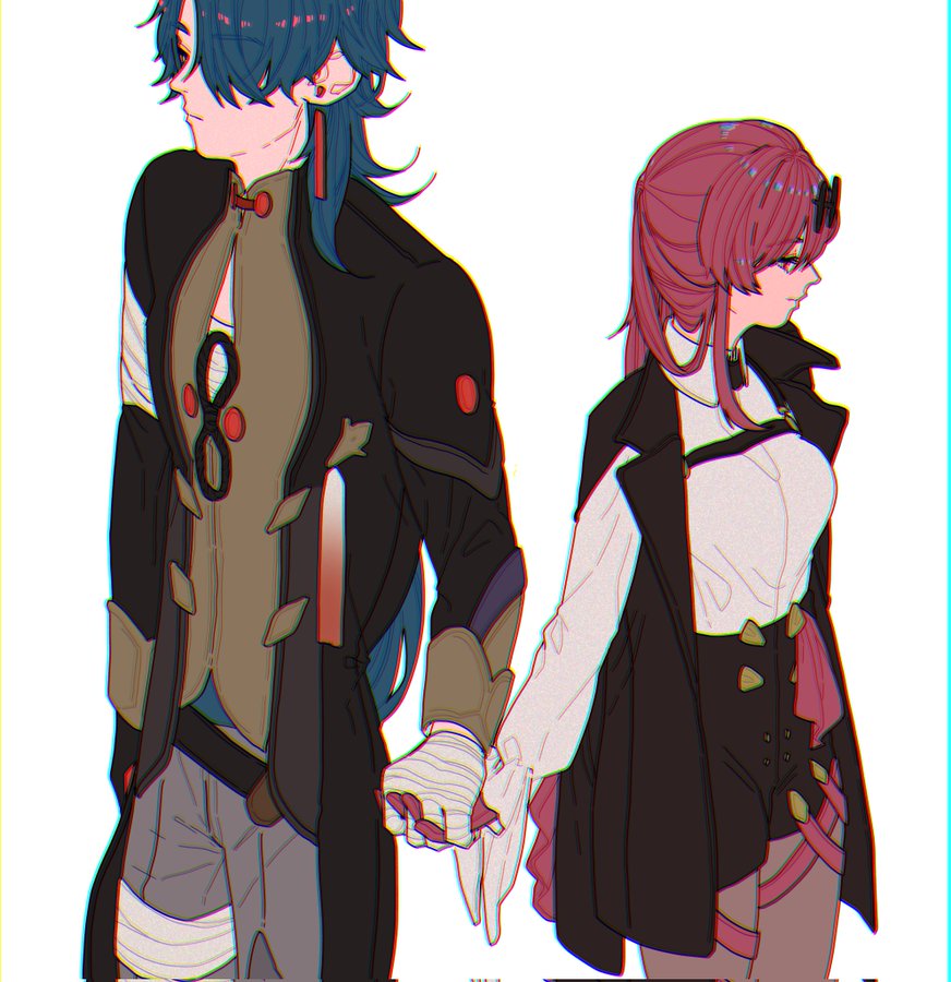 an anime illustration of a male and a female character holding hands. the male character is wearing a dark green and black outfit with bandages on his hand and the female character is wearing a white shirt and a black jacket with pink and red accents. the female character's hair is pink and the male character's hair is blue. they are standing side by side.