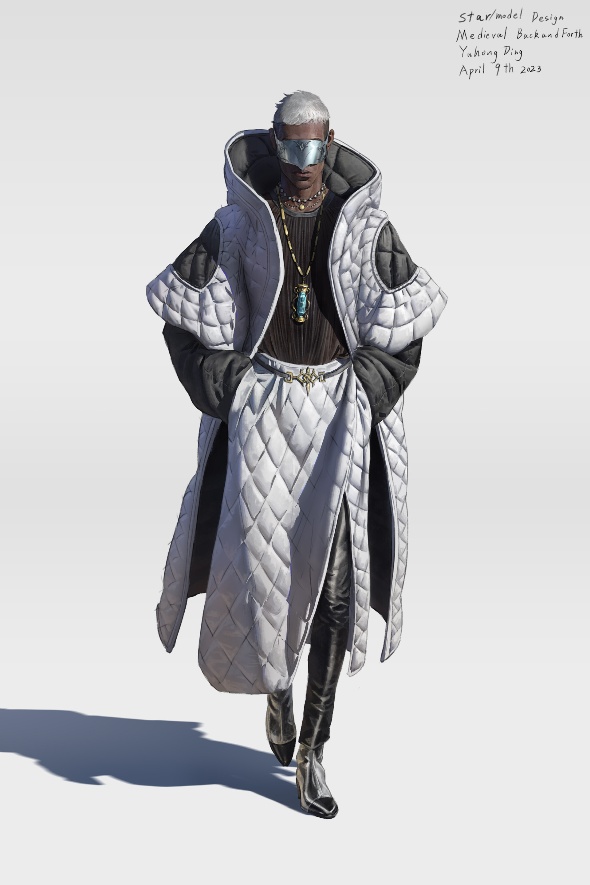 the image is a digital illustration of a male fashion design. the character has a futuristic and medieval aesthetic and wears a quilted, hooded, floor length coat. he is walking towards the viewer with his right foot forward. the background is completely white, and the lighting indicates this is studio lighting.