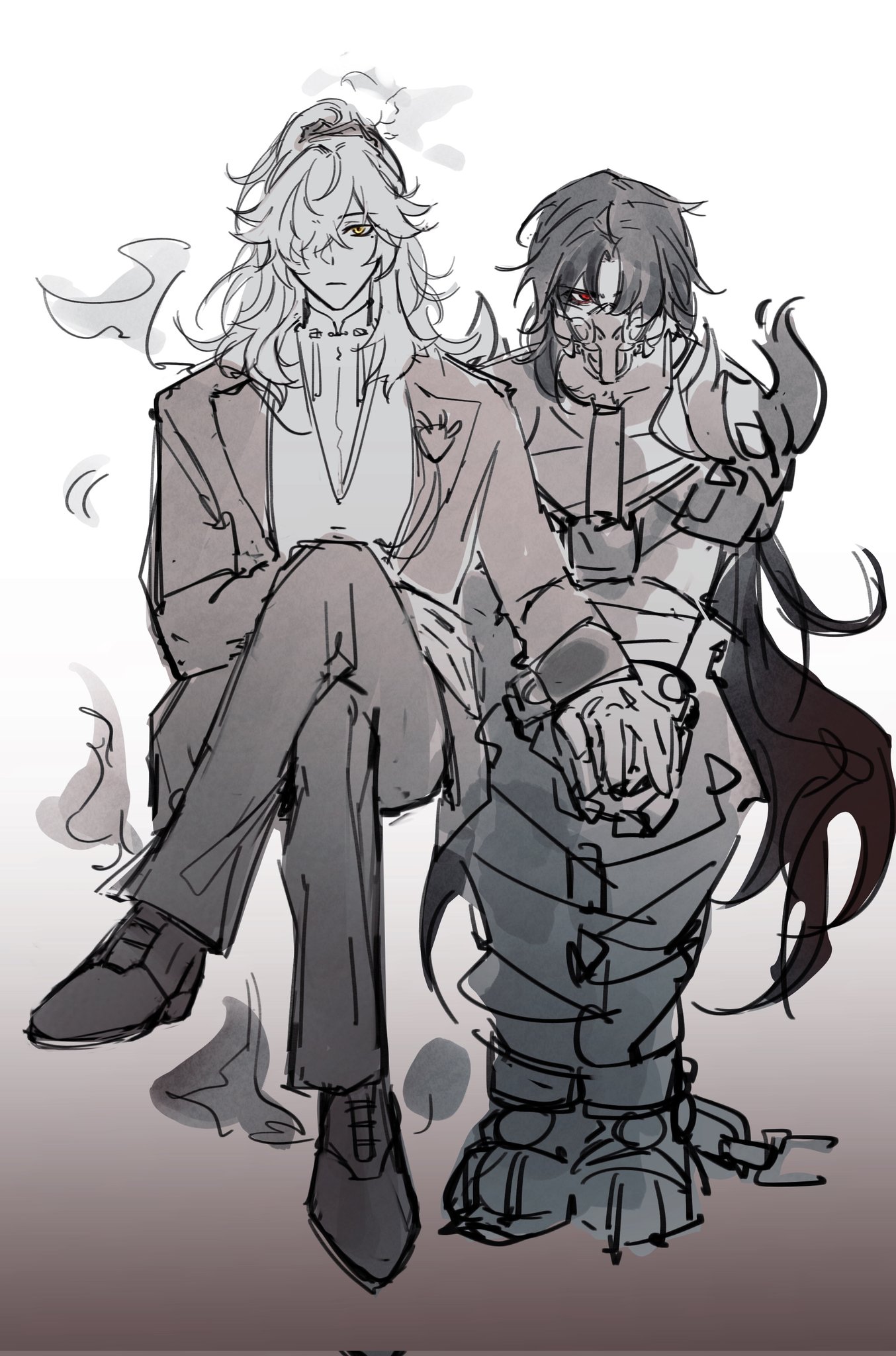 this is a black and white manga illustration. it depicts two male characters. the character on the left is in a suit, his hair is long and white, and has bright red eyes. he is looking directly at the viewer. the character on the right has dark hair, a dark outfit and is wearing a mask over his face. he is also looking at the viewer. they both are sitting in casual poses. the background is plain and subtle.  there are a few smokelike shapes in the background to suggest the location is dimly lit or foggy. the tone of the image is mysterious and cool.