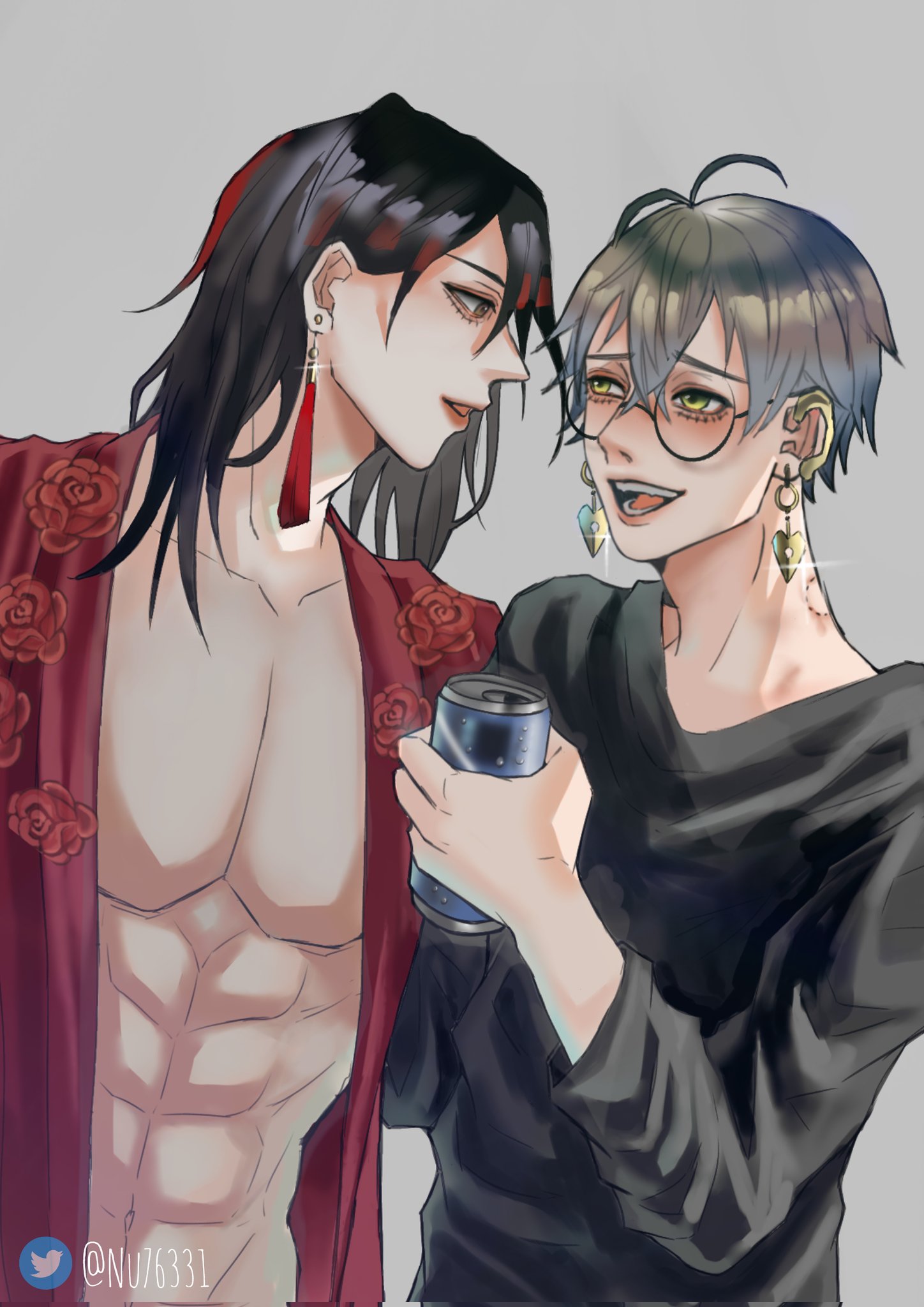 the image depicts two anime boys standing close together. the boy on the left is wearing a red kimono with red roses. he has long black hair and is looking at the other boy with a slightly mischievous smile.  the boy on the right is wearing a black shirt and has short green hair. he has a pair of gold earrings and is wearing glasses. he appears to be smiling excitedly and holding a can of soda. both boys appear to be in a romantic relationship and the image conveys a sense of love and intimacy.