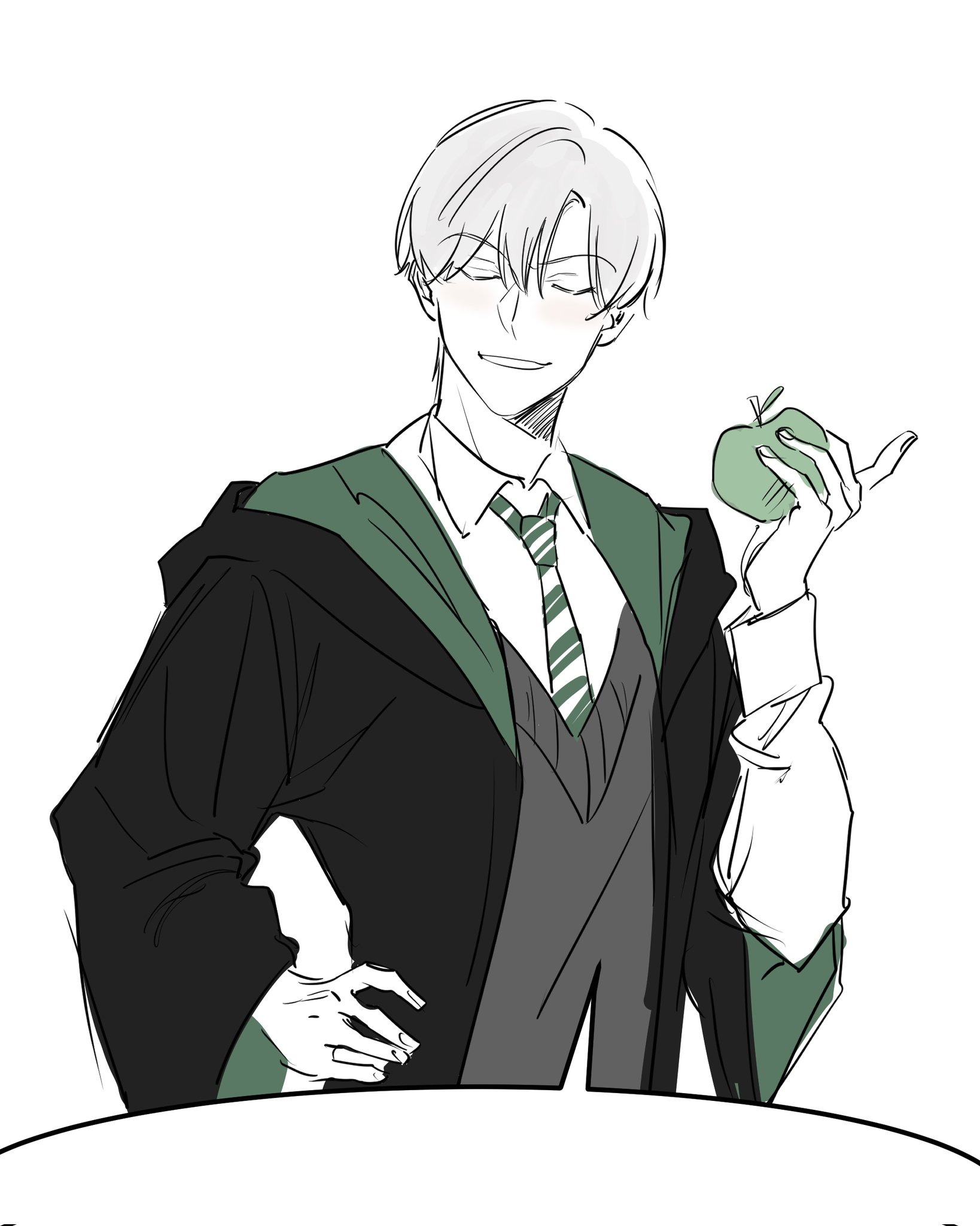 the image is a stylized anime/mangastyle drawing of a young man, possibly a slytherin student from the harry potter universe. he has white or silver hair, is wearing a dark green and black slytherin robe, a white shirt, and a green and white striped tie. he holds a green apple in one hand and has a slightly smug or confident expression. the art style is relaxed, almost sketchy, and uses shading to create depth and form. the overall tone is playful and charming.  a speech bubble is at the bottom of the image, suggesting further dialogue or text could be added.