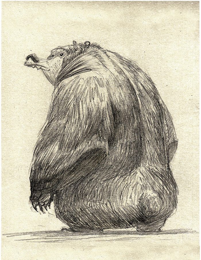 a pencil sketch of a large bear standing with its back to the viewer but turning its head to look back over its left shoulder. the bear's fur is depicted with many short pencil strokes, giving it a shaggy appearance. the bear is standing on a flat surface, indicated by a light shadow.