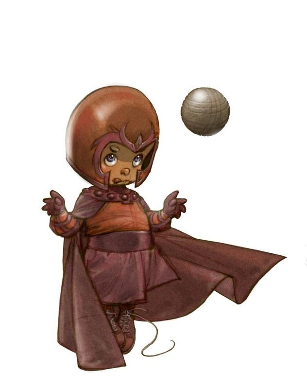 an illustration of a cartoonish child dressed as magneto from marvel comics' xmen, complete with helmet, cape, and gloves, with a metal ball floating in the air beside him. the style is reminiscent of a comic book or animation cel.