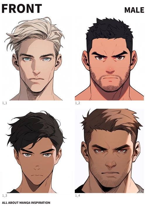 the image presents four diverse illustrations of male heads, showcasing variations in facial features, hairstyles, and skin tones. the style is reminiscent of manga or manhwa, suggesting potential use as character design references.  each head is cropped for a tight composition that emphasizes the facial details and expressions. the use of soft lighting and subtle shading contributes to the overall sense of realism and depth.