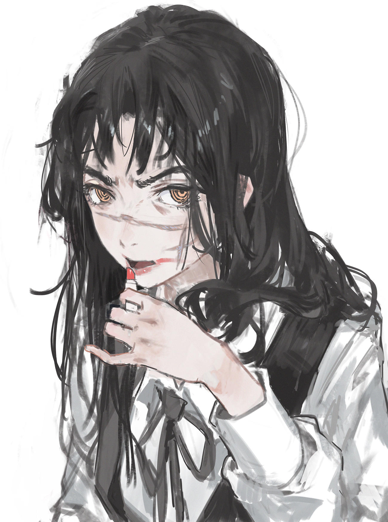 a digital illustration of a young woman with long black hair and a serious expression. she is wearing a white shirt with a black tie and is applying red lipstick. the background is white and she is looking at the viewer.