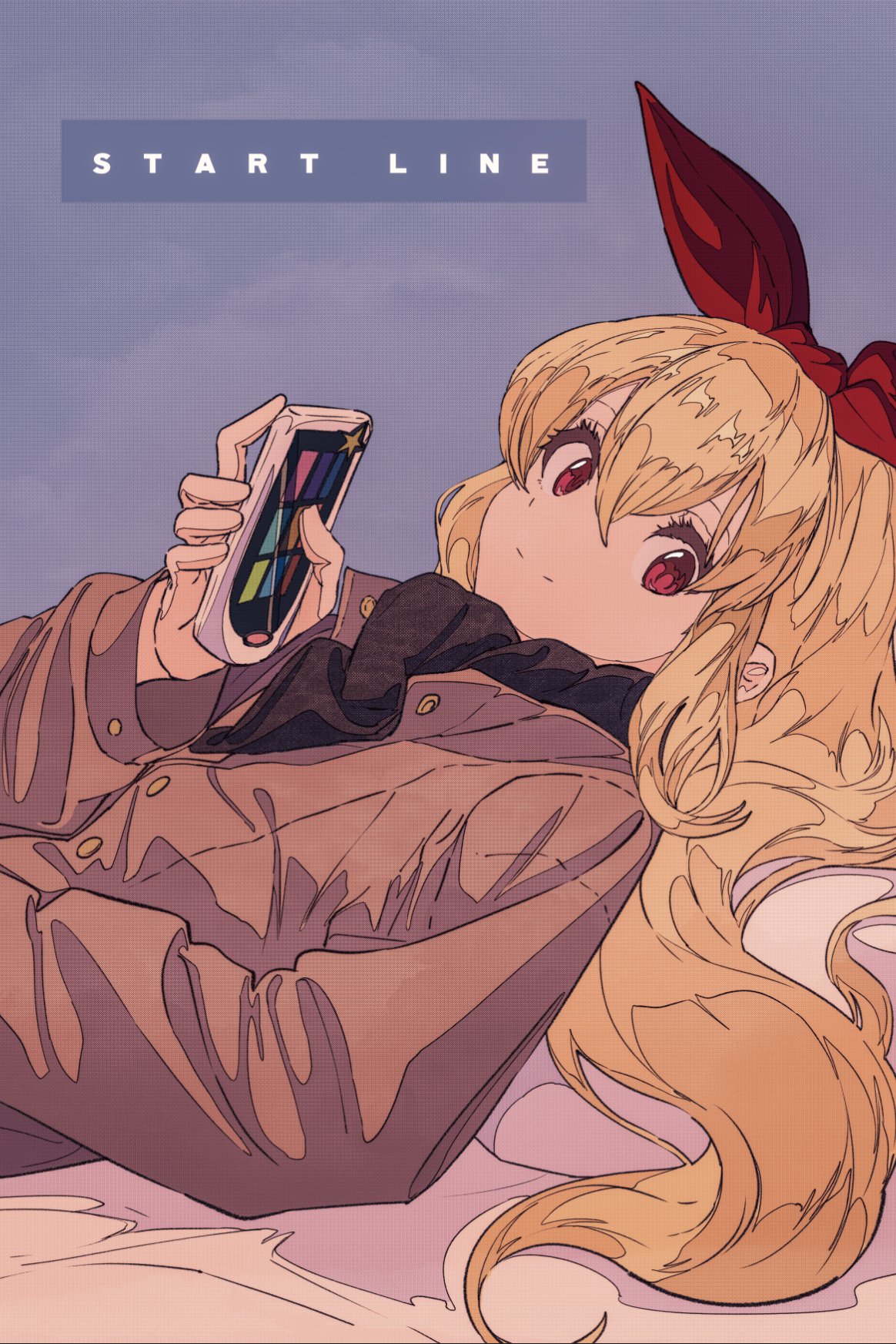 the image shows an animestyle girl with long blonde hair and a red ribbon in her hair. she is lying down, relaxed, and looking at a smartphone with a colorful app displayed on the screen. she is wearing a casual jacket. the background is a muted purple, and the overall style is soft and serene. the text "start line" is displayed at the top of the image.