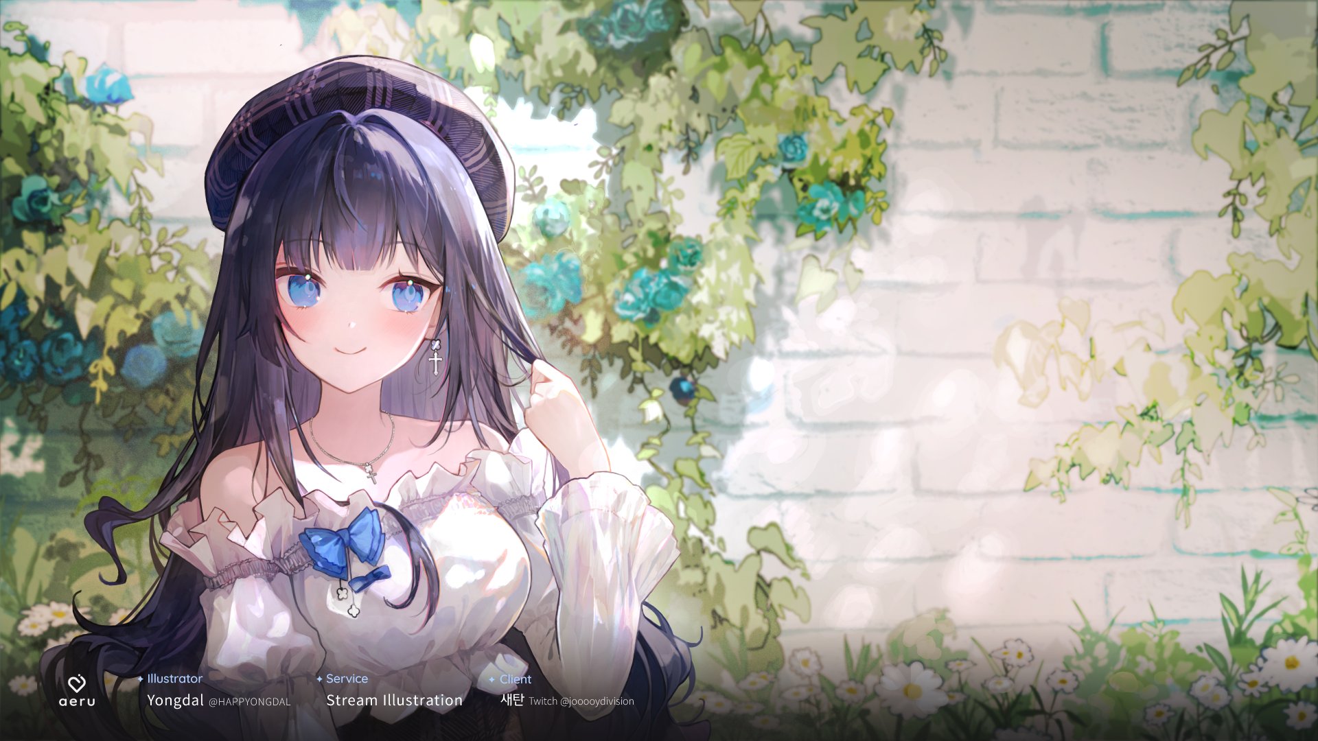 the image is a digital illustration of a charming anime girl. she has long, dark blue hair, bright blue eyes, and a gentle smile. she's wearing a white offshoulder dress with a blue bow and a darkcolored hat. the girl is positioned against a backdrop of a white brick wall adorned with lush green vines and flowers.  the overall style is soft and pastel, with a serene and peaceful atmosphere. the image appears to be fan art or promotional material, indicated by the credits in the bottom left corner giving credit to the illustrator, yongdal, and client, joocooydivision.