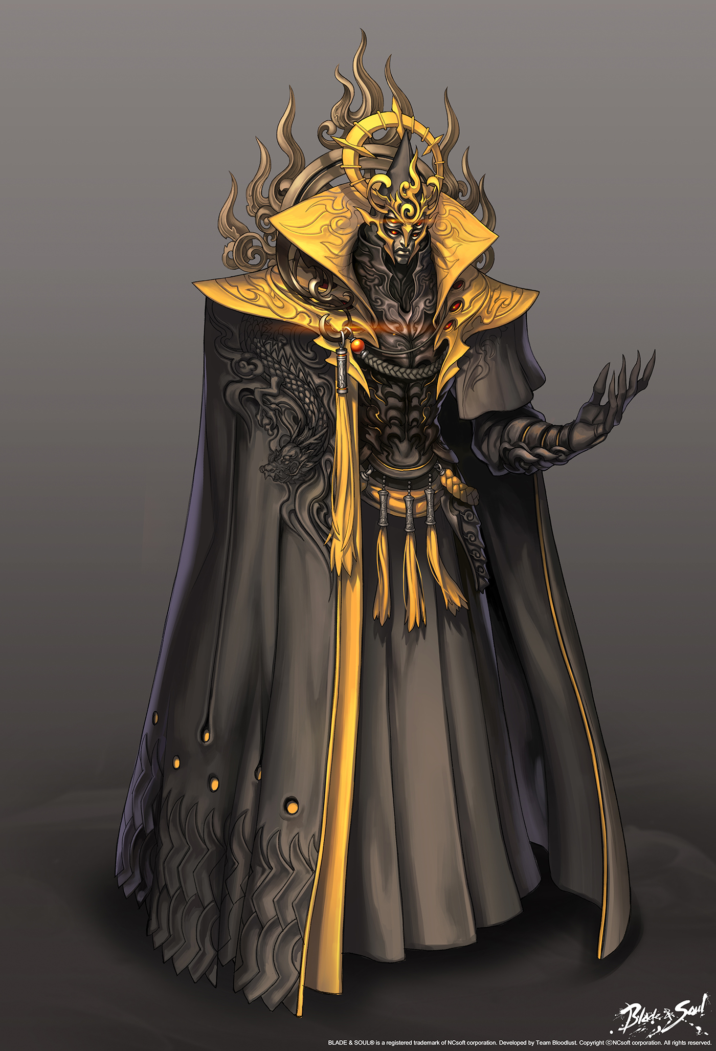 a dark character wearing a black robe with gold accents. he has a golden crown and armor, with a dark and evil look. the background is a simple grey.