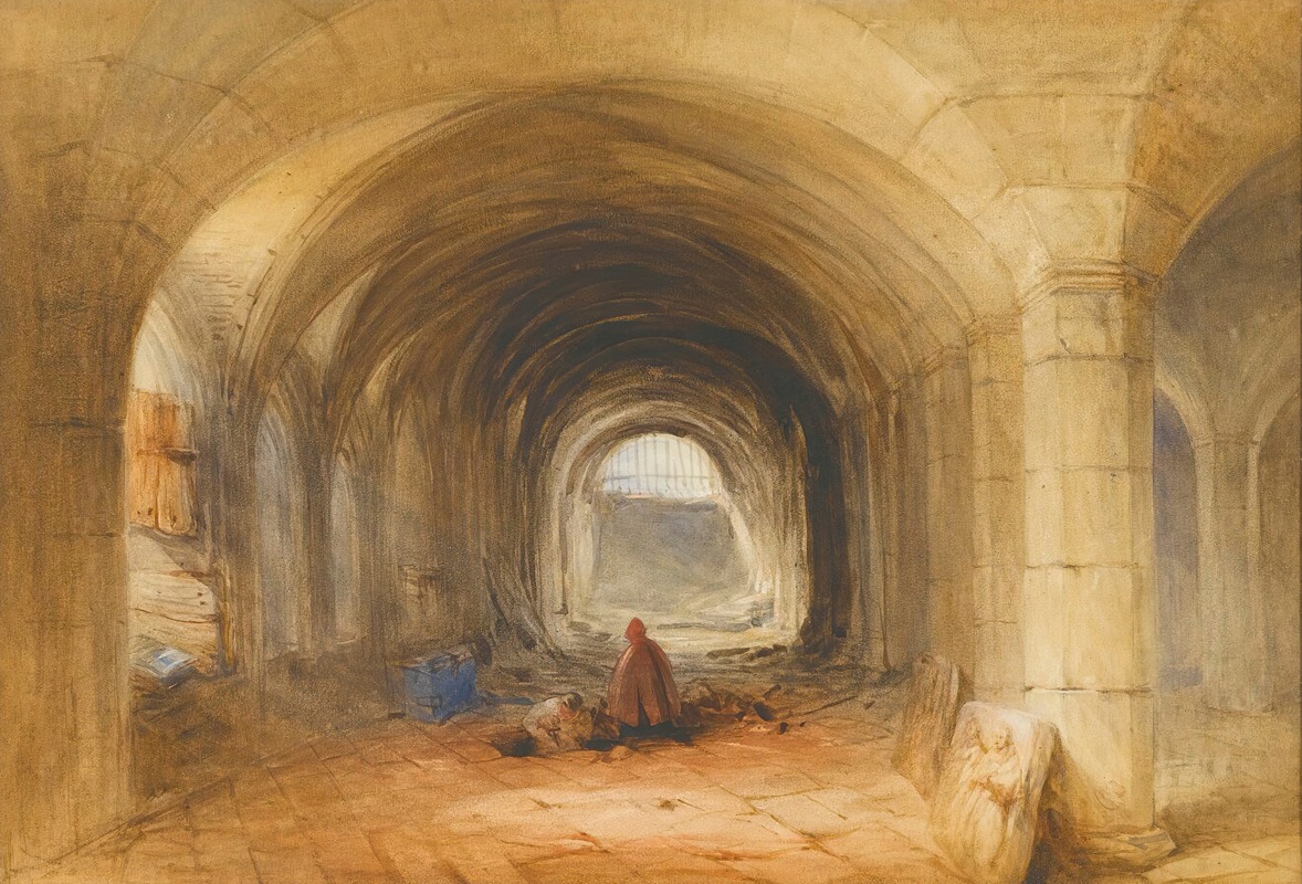 a watercolor painting depicts a subterranean hallway or tunnel with arched ceilings and stone columns. a person is seen towards the end of the tunnel, which has an opening to some kind of light.