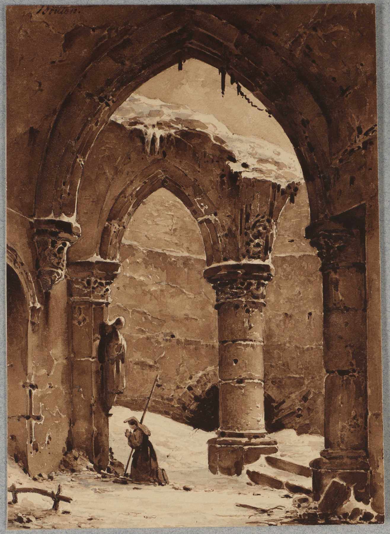 a sepiatoned painting depicts the interior of a ruined church covered in snow. gothic arches and columns dominate the scene. a monk is shown kneeling in prayer. icicles hang from the arches, and the overall atmosphere is somber and wintry. the architecture is heavily detailed, reflecting a style reminiscent of romanticism.